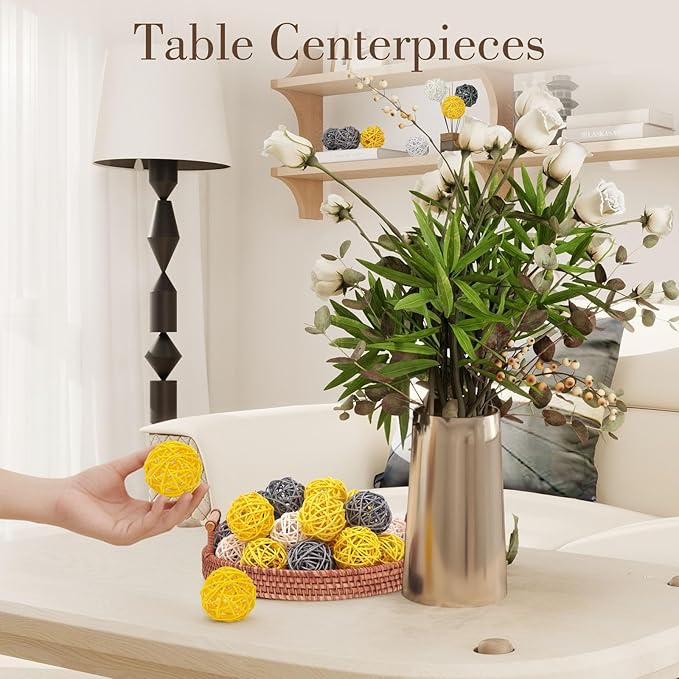 DomeStar 24PCS Yellow Decorative Balls for Bowl Centerpiece, 2 Inch Rattan Bowl Fillers - Wicker Twig Orbs Spheres for Yellow Kitchen Home Decor Vase Table Scatters