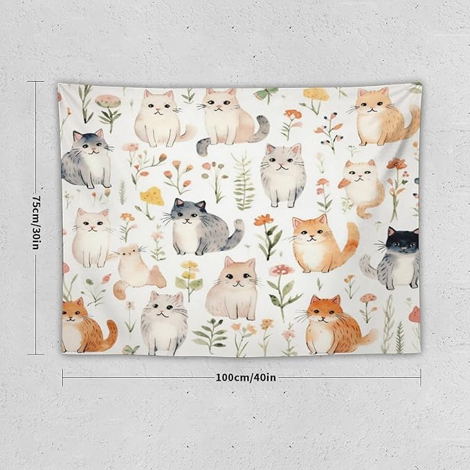 VUMIVI Cute Cat Tapestry Cartoon Pets Flowers Mushrooms Butterflies Watercolor Illustrations Tapestry Wall Hanging for Living Room Bedroom Dorm Classroom Aesthetic Decor W40xL30in