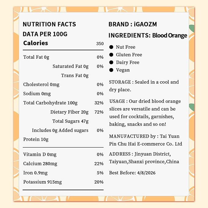 iGAOZM Dried Blood Orange Slices,3.52oz/100g,Dehydrated Blood Orange 21+ Slices for Cocktails,No Sugar Added,Natural Dried Citrus Slices for Tea,Baking,Cakes Decoration,Crafts