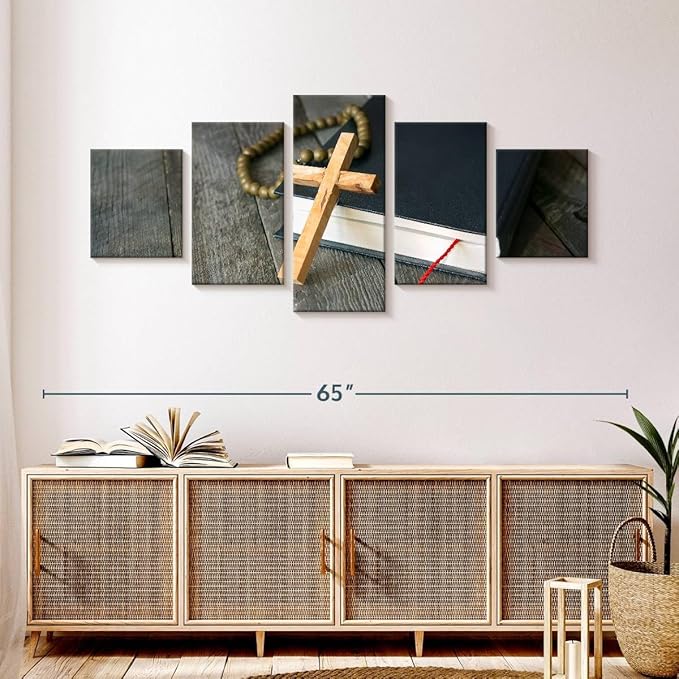 Elephant Stock Cross Canvas - 5 Panel Christian Pictures Decor - Canvas Print Wall Decor - Christian Cross Wall Art - 55" X 24"
