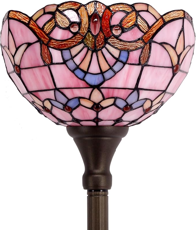 WERFACTORY Tiffany Floor Lamp Pink Baroque Stained Glass Light 12X12X71 Inches Pole Torchiere Standing Corner Torch Uplight Decor Bedroom Living Room Home Office S003P Series
