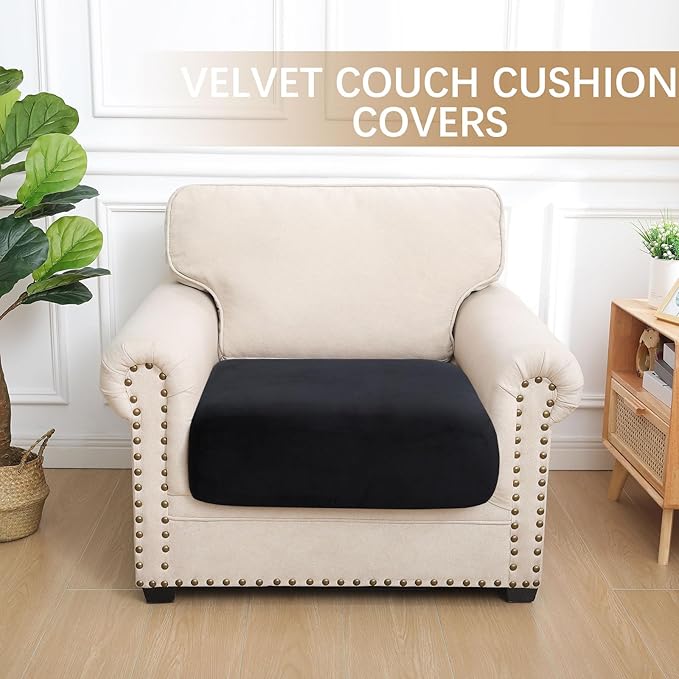 hyha Velvet Couch Cushion Covers, Soft Sofa Seat Covers for sectional Cushion Couch Washable, Magic Sofa Slipcover with Elastic Bottom, Non-Slip Furniture Protector for Pets, Kid(Small, Black)