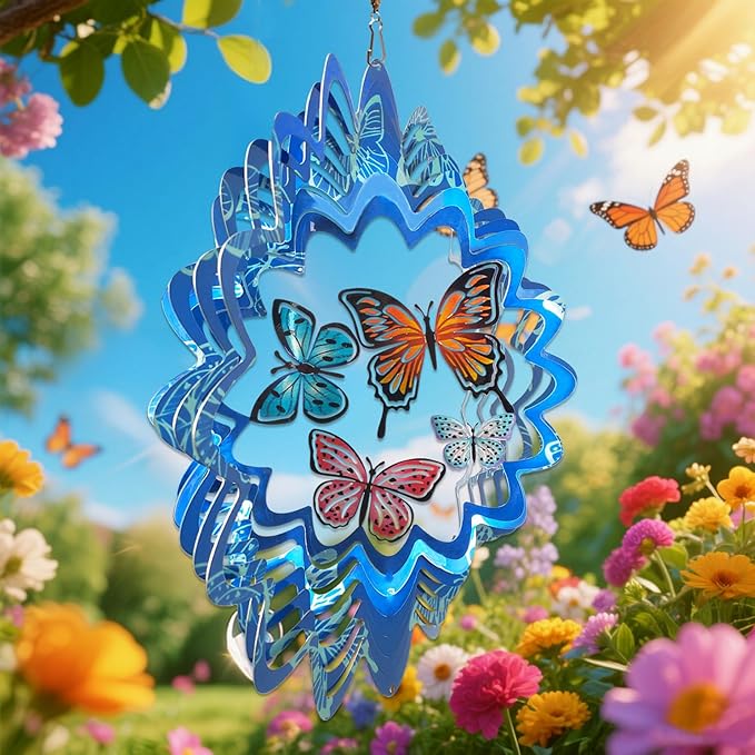 Butterfly Wind Spinner - 12inch Laser-Cut Stainless Steel Wind Spinners | 3D Kinetic Garden Decoration & Yard Art for Outdoor | Butterfly Gifts for Women, Mother, Wife, Grandma & Holidays