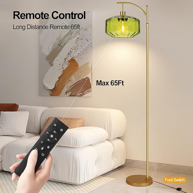 Gold Floor Lamps for Living Room Vintage Floor Lamp with Remote Control & Green Glass Lampshape,Dimmable Floor Lamp Mid Century Modern Standing Lamp Brass Tall Floor Lamps for Bedroom Corner