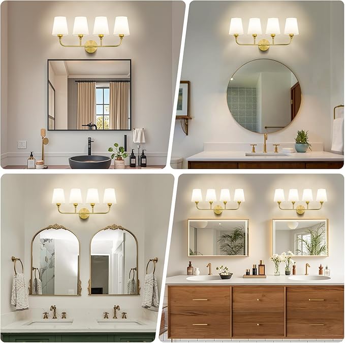 Kvhilw Bathroom Vanity Light, Brushed Gold Bathroom Light Fixtures, 4-Light Lighting Fixtures Over Miror, Modern Wall Sconce with Flared White Fabric Shade, E26 Socket(ETL Listed)