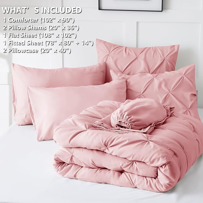 CozyLux King Size Comforter Set Pink, 7 Pieces Pintuck Bed in A Bag Pink Comforter King Size, Pinch Pleat Bedding Set with All Season Comforter, Sheets, Pillowcases & Shams