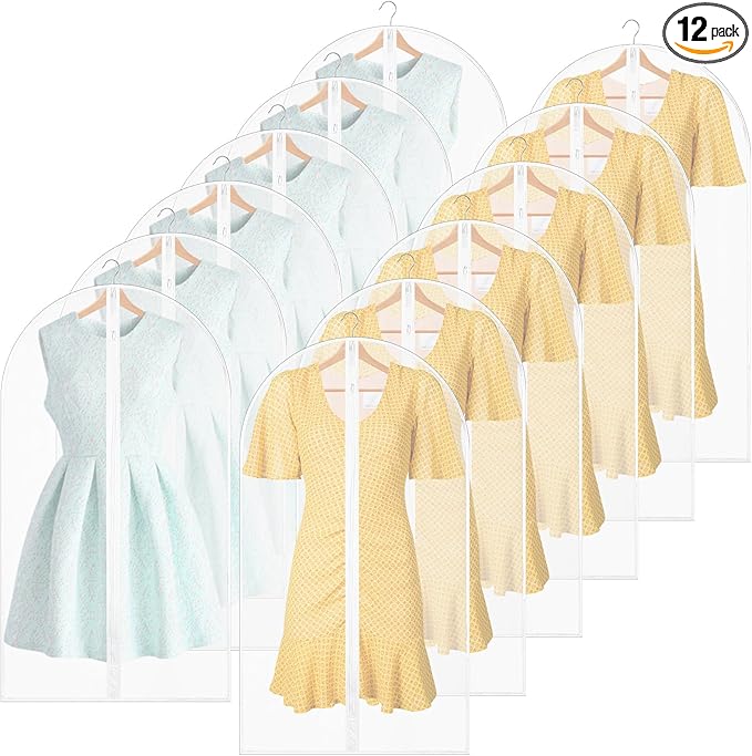Sintuff 12 Pcs 24'' x 40'' Clear Garment Bags Bulk Clear Hanging Clothes Cover with Full Zipper Hanging Travel Garment Cover Bags for Clothes Storage