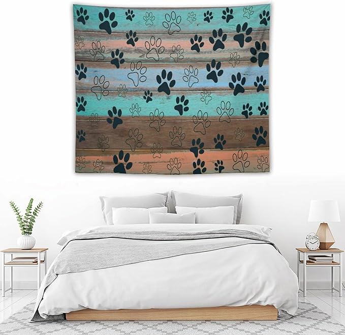 VUMIVI Dog Paw Print Tapestry Rustic Farmhouse Vintage Wood Paneling Home Decor Tapestry Wall Hanging for Living Room Bedroom Dorm Classroom Aesthetic Decor W60xL50in