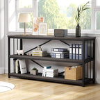 IBF Wood and Metal Book Shelf, Industrial Rustic Low 3 Tier Bookshelf, Farmhouse Long Wide Vintage Horizontal Bookcase, Modern Large Open Etagere for Home Office Living Room Bedroom, Gray Oak, 63 Inch