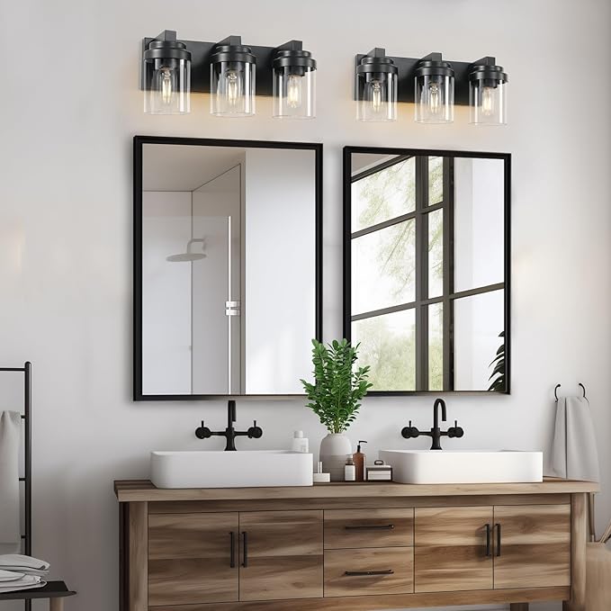 3 Light Bathroom Vanity Light, Matte Black Bathroom Light Fixtures with Clear Glass Shade, Vanity Light Fixtures Over Mirror for Bedroom Living Room,E26