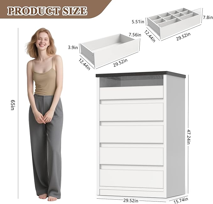Larger White 5 Drawer Dresser for Bedroom with LED Light, Modern Chest of Drawers with Hidden Handles, Tall Wooden Dresser Closet for Living Room, Entryway, Hallway - White