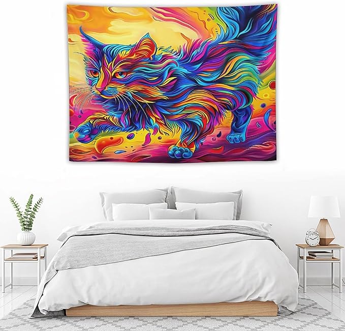 VUMIVI Colorful Cat Tapestry Pet Oil Painting Print Rainbow Colorful Abstract Art Pattern Tapestry Wall Hanging for Living Room Bedroom Dorm Classroom Aesthetic Decor W40xL30in