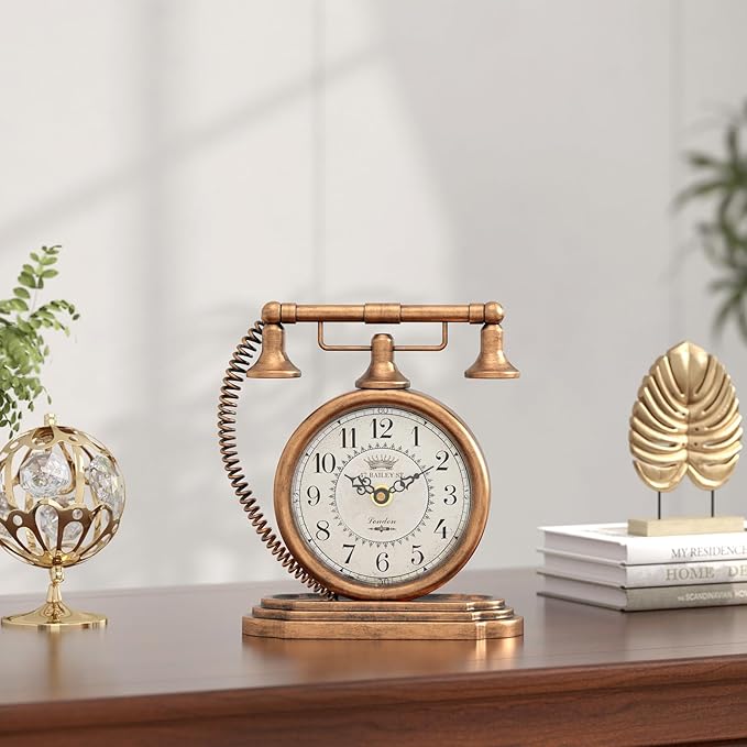 Vintage Table Clock, Desk and Shelf Decor Clock, Gold Antique Telephone Style Mantel Clocks, for Living Room, Farmhouse, Bedroom, Bedside, Gift (7.3" H x 7.3" W)