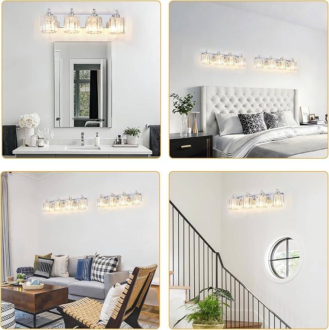 4-Light Modern Bathroom Light Fixture Chrome Vanity Lights Over Mirror Wall Sconce Lighting with K9 Crystal Shades Bathroom Wall Lamp E26 Base for Bedroom, Living Room, Hallway, Cabinet