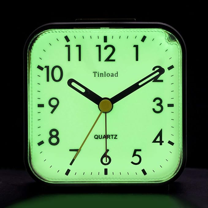 Small Battery Operated Analog Travel Alarm Clock Silent Non Ticking,Gentle Wake, Ascending Beep Sounds, Snooze,Lighted on Demand, Glow in Dark dial,Easy Set