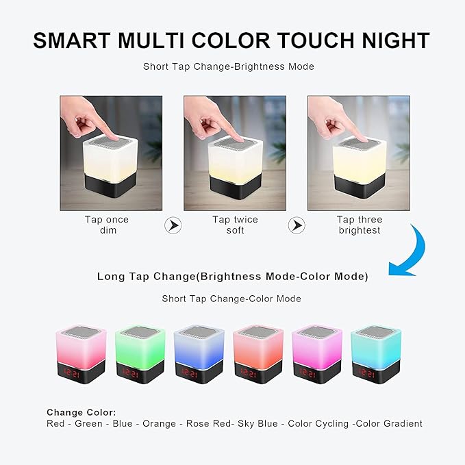 YONGYAO Night Lights Bluetooth Speaker, Alarm Clock Bluetooth Speaker, Dimmable Multi-Color Changing Bedside Lamp, Touch Sensor Wireless Speaker with Lights, USB/MicroSD/AUX Support