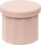 PINPLUS Round Storage Ottoman Cube Footrest - Versatile Boucle & Faux Teddy Fur Stool with Hidden Compartment for Living Room, Dorm, Bedroom - Pink, 15"x15"x13.2"