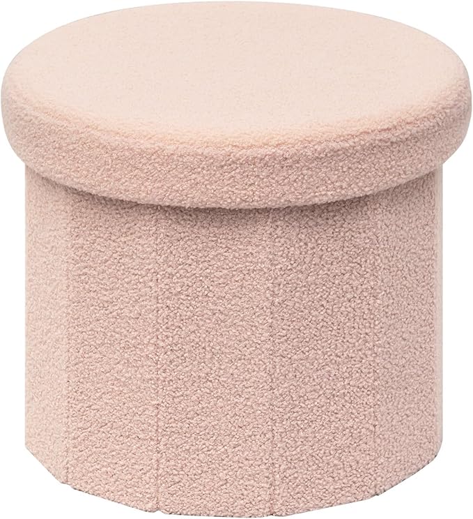 PINPLUS Round Storage Ottoman Cube Footrest - Versatile Boucle & Faux Teddy Fur Stool with Hidden Compartment for Living Room, Dorm, Bedroom - Pink, 15"x15"x13.2"
