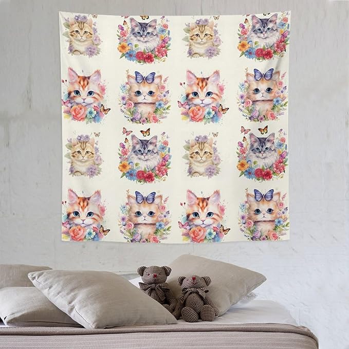VUMIVI Watercolor Flower Cat Tapestry Colorful Cartoon Cute Animals Butterflies Abstract Art Print Tapestry Wall Hanging for Living Room Bedroom Dorm Classroom Aesthetic Decor W60xL60in