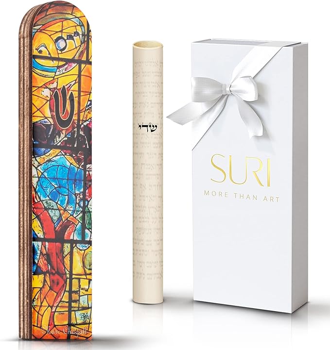 SURI Wooden Mezuzah Case for Door – 5 Inch Yellow Chagall-Inspired Mezuza Cover with Printed Scroll, Self-Stick Adhesive, Fits a 4 Inch Scroll, Gift Box Included
