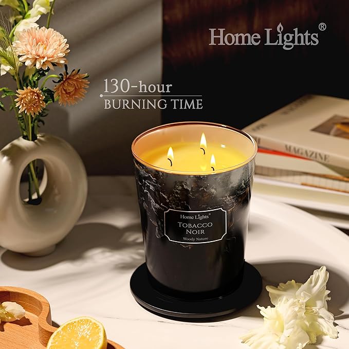 HomeLights Scented Candles | Large Jar 34 Oz Natural Soy Candle | 130 hrs Long-Lasting with 3 Wicks | Industrial Chic Home Decor | Gifts for Mom & Women, Tobacco Noir