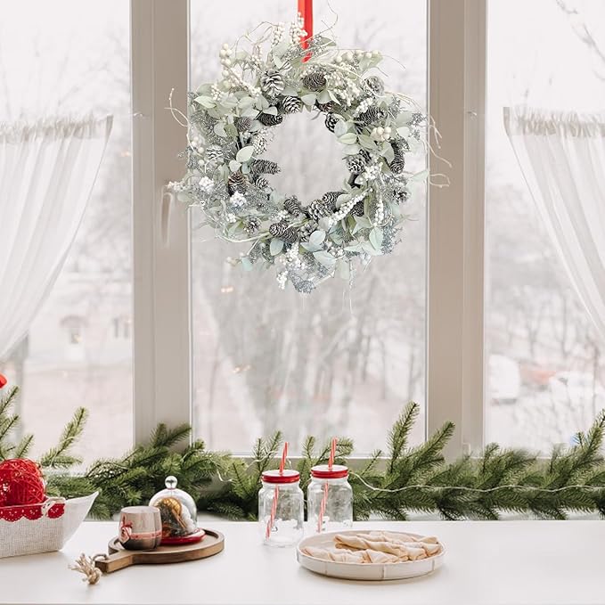 Birch Wreath with White Berries, Iced Pine Cones, Holly Leaf, Branch - 26" Winter Christmas Wreath for Front Door or Indoor Wall Window Thanksgiving Decor