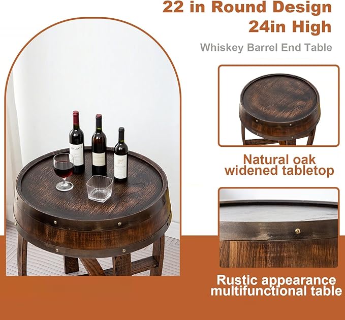 Whiskey Barrel End Table, Handcrafted Oak Wine Barrel Table, Handcrafted Rustic Coffee Table for Farmhouse Living Room Decor