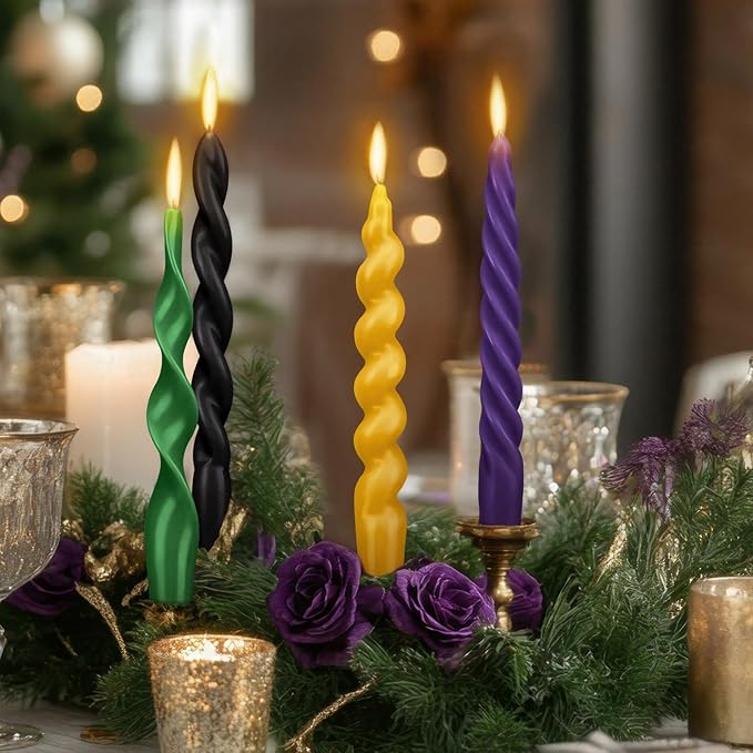 Nuanchu 4 Pcs 7.87 Inch Twisted Taper Candles Wax Unscented Smokeless Spiral Swirl Candlesticks for Wedding Holiday Dinner Party Home Decorations (Mardi Gras,Pure)