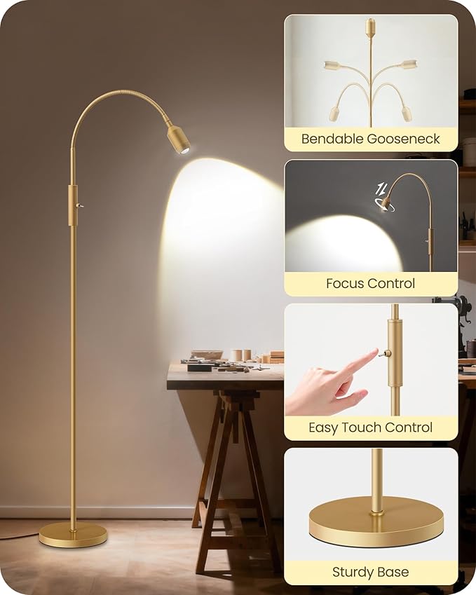 Reading Floor Lamp, 74.2" Tall LED Lamp with, 360° Flexible Gooseneck & Touch Control, 5000K Cool White LED, Sturdy Base, Crafts Standing Lamp, for Reading, Living Room, Matte Gold D16LD05