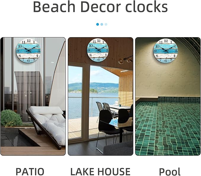 CHYLIN 16 Inch Wall Clock, Large Outdoor Clocks for Patio, Pool Beach House Decor Tropical Clocks for Walls, Nautical Coastal Themed Blue Clock for Lake House, Bathroom, Living Room, Kitchen (16")
