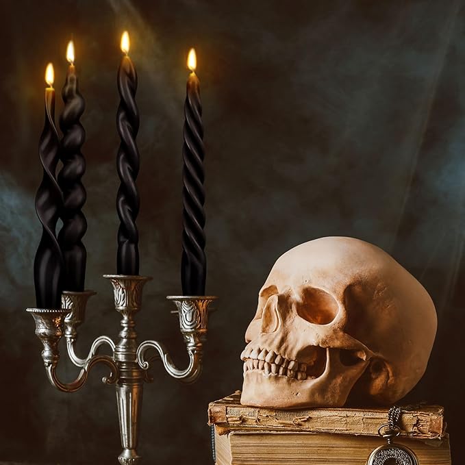 Nuanchu 4 Pcs 7.87 Inch Twisted Taper Candles Wax Unscented Smokeless Spiral Swirl Candlesticks for Wedding Holiday Dinner Party Home Decorations (Halloween Black)