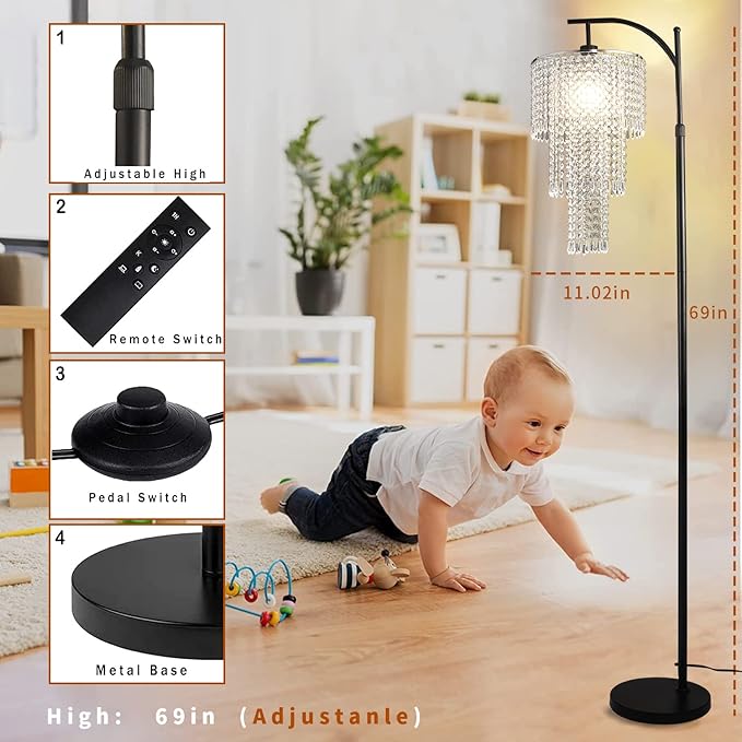 Arc Floor Lamp for Living Room Modern Floor Lamp with Remote Control,Dimmable Crystal Floor Lamps Black Standing Lamp with 10 Color Temperature Tall Chandelier Floor Lamps for Bedroom Corner