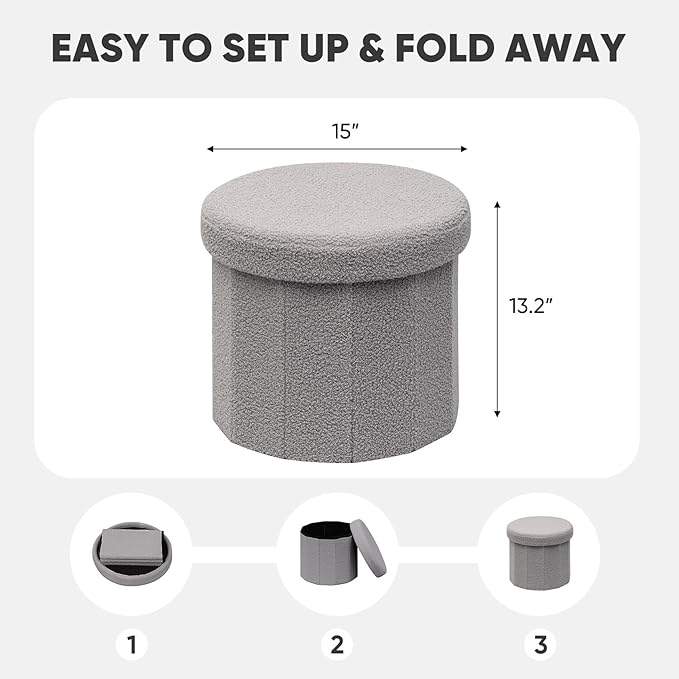 PINPLUS Round Storage Ottoman Cube Footrest - Versatile Boucle & Faux Teddy Fur Stool with Hidden Compartment for Living Room, Dorm, Bedroom - Grey, 15"x15"x13.2"
