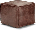 SIMPLIHOME Sheffield Square Pouf - 18 inch Wide Genuine Leather Ottoman in Brown, Boho-Style Footrest, Extra Seating, or Accent Piece for Living Room or Bedroom, Assembled