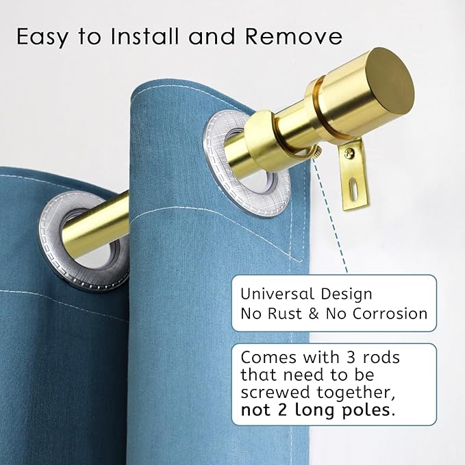 Curtain Rods for Windows 16 to 48 or 60 Inches Max Adjustable Length 1 Inch Diameter Window Curtain Rod with Aluminium Finials, Gold