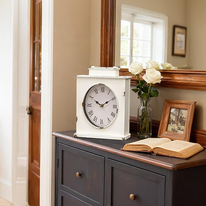 MODE HOME Vintage Mantel Clock, Large Rustic Distressed Metal Table Clock with Handle, Silent Non-Ticking Quartz Movement, Whitewashed Fireplace Shelf Desk Clock for Living Room Bedroom Office