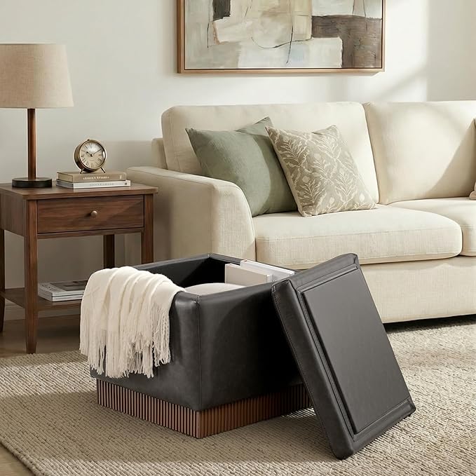 Swivel Storage Ottoman with Hidden Compartment, Square Faux Leather Footstool, Solid Acacia Wood Frame, 500 lbs Capacity, No Assembly Required, for Living Room & Bedroom