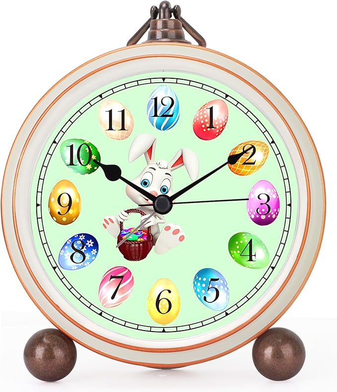 Maxspace 5.2in Cute Easter Egg Metal Table Clock, Quartz Movement Non-Ticking Small Alarm Clock with Battery Operated, HD Glass Bunny Desk Clock for Bedroom Living Room (Easter)