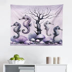 Ambesonne Purple Tapestry, Dried Tree with Mushrooms in Lilac Color Palette and Huge Seahorse Prints, Fabric Wall Hanging Decor for Bedroom Living Room Dorm, 28" X 23", Mauve and Lavender
