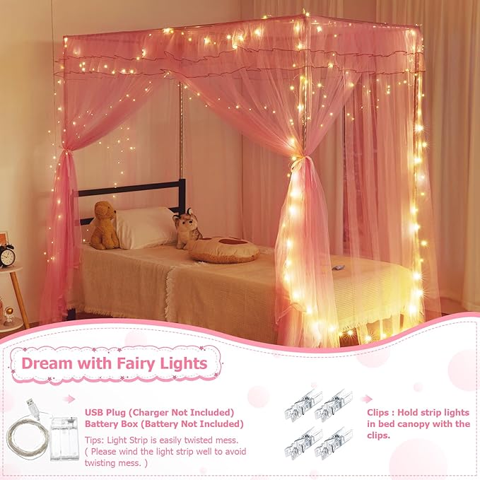 Twin Size Bed Canopy with Lights, Bed Canopy for Girls Princess with Luminous Stars, Canopy Bed Curtains for Twin Bed Kids Indoor Decor Bedroom, 4 Corner Post Bunk Bed for Student Dormitory, Pink