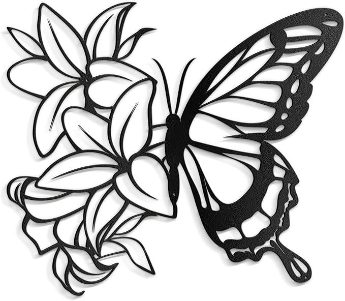SIGNLEADER Metal Wall Art Decor Butterfly and Flowers Minimalist Modern Abstract Wall Sculpture Hangings Home Decoration for Living Room, Bedroom, Bathroom, Kitchen, Outdoor - 30" Black