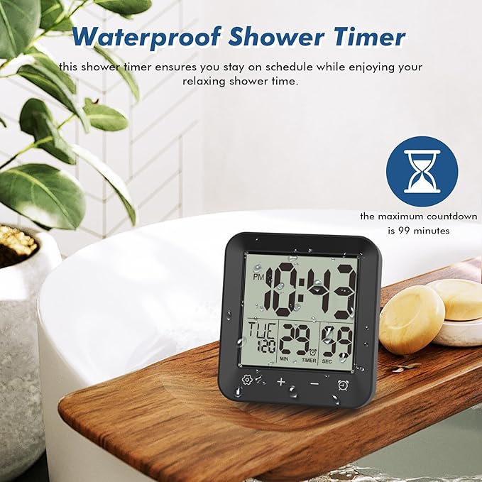 Waterproof Shower Clock Timer, Bathroom Clock with Countdown, Touch Screen, Indoor Temperature, Suction Cup, LCD Digital Wall Clock for Bath, Kitchen
