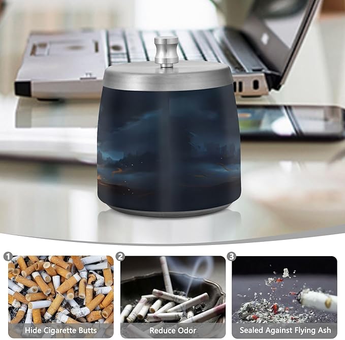 Fire Wolf Ashtray with Lid, Outdoor Ashtrays for Patio, Stainless Steel Ashtray Odorless Smokeless for Home Office Balcony