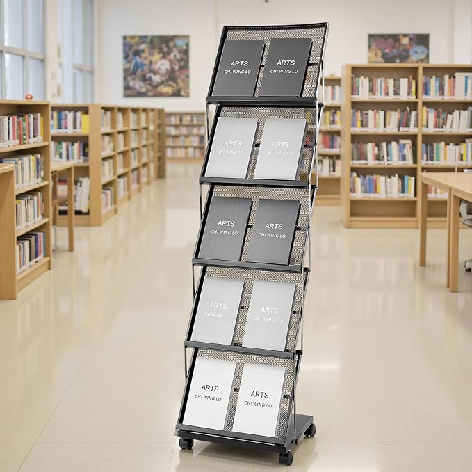 VEVOR Brochure Display Rack, Foldable 5 Pockets Magazine Literature Display Stand, Movable Floor Standing Magazine Rack with Wheels, Metal Newspaper Catalog Holders for Shop Exhibitions Office Show