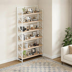 JSB Folding Bookshelf,Industrial Storage Shelves, No Assembly Vintage Wood Look Bookshelf with Storage Shelves for Living Room, Bedroom, Office (White, Wide 6-Tier)