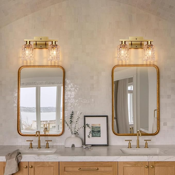 2 Light Brushed Gold Bathroom Vanity Light Over Mirror, Modern Vanity Lighting with Crystal Glass Shade, Wall Mount Bathroom Light Fixtures, E26 Base