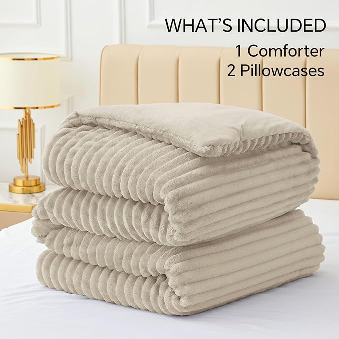 BEDELITE Fleece King Comforter Set -Super Soft & Warm Fluffy Linen Bedding, Luxury Fuzzy Heavy Bed Set for Winter with 2 Pillow Cases