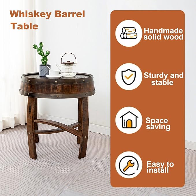 Whiskey Barrel End Table, Handcrafted Oak Wine Barrel Table, Handcrafted Rustic Coffee Table for Farmhouse Living Room Decor