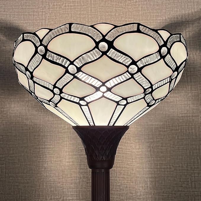 Tiffany Torchiere Floor Lamp,Handcrafted Stained Glass Lamp Shade,Antique Style Standing Corner Light for Living Room and Bedroom