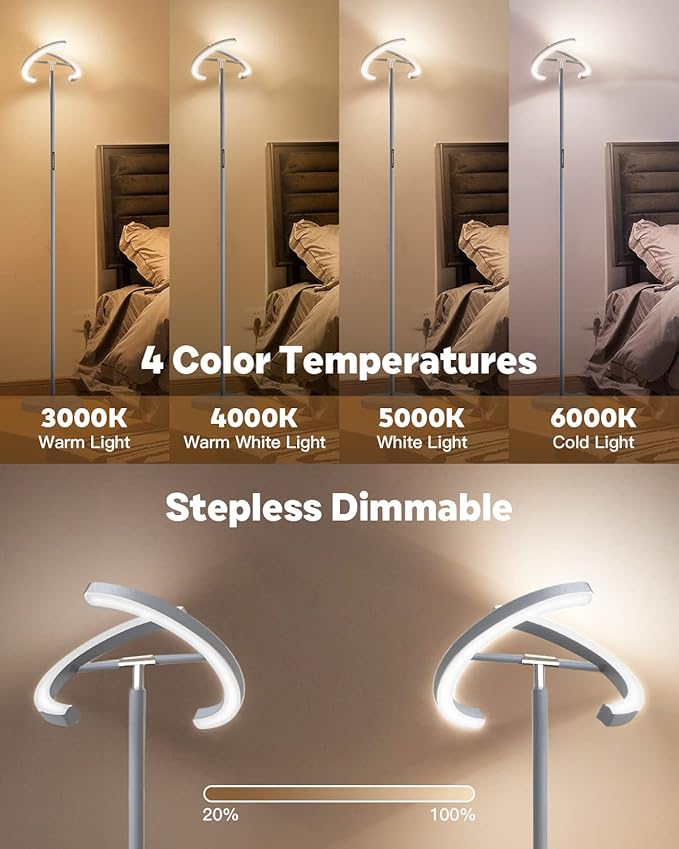Silver Floor Lamps for Living Room, Stepless Dimmable Standing Lamp with Touch Remote Control, 22W Rotatable LED Floor Light Tall Uplighter for Bedroom Office, 69'' Modern Room Light